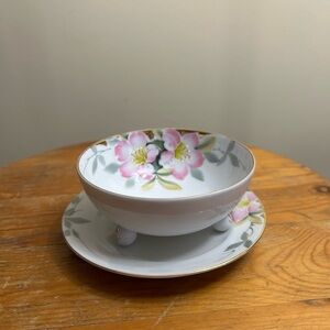 Noritake Floral Bowl and Saucer Set footed hand painted Japan
